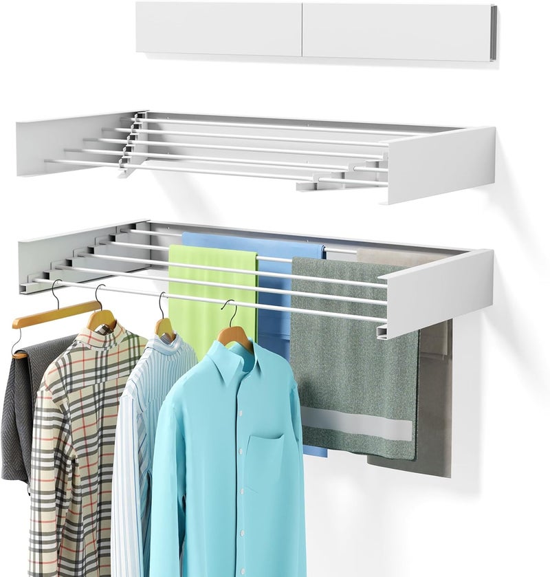 ZMBESUP Laundry Drying Rack Collapsible, Wall Mounted, Clothes Drying Rack, 40" Wide, 16.5 Linear Ft, 5 Aluminum Rods, 60 lb Capacity, Laundry Racks for Drying Clothes with Wall Template(White 40" Large) - Image 1